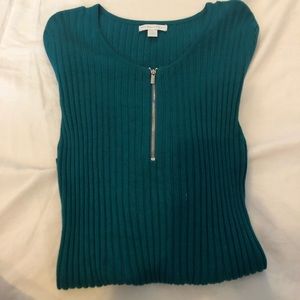 Blue fitted long sleeve shirt.